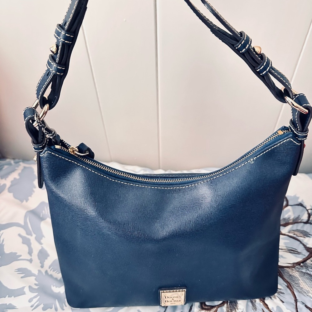 Dooney & Bourke Navy Leather Shoulder Bag with Gold Accents - Picture 2 of 11